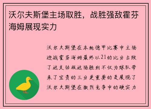 沃尔夫斯堡主场取胜，战胜强敌霍芬海姆展现实力