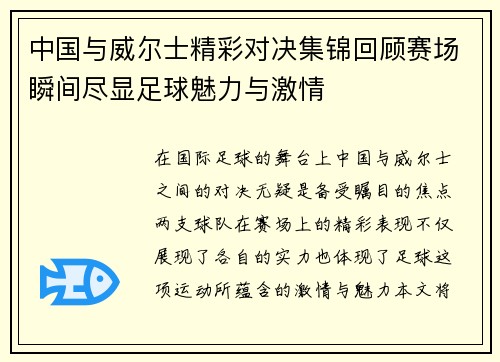 中国与威尔士精彩对决集锦回顾赛场瞬间尽显足球魅力与激情
