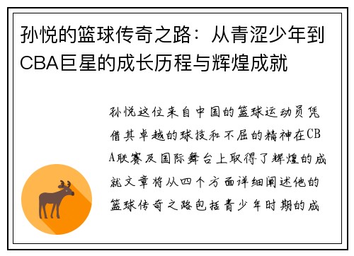 孙悦的篮球传奇之路：从青涩少年到CBA巨星的成长历程与辉煌成就