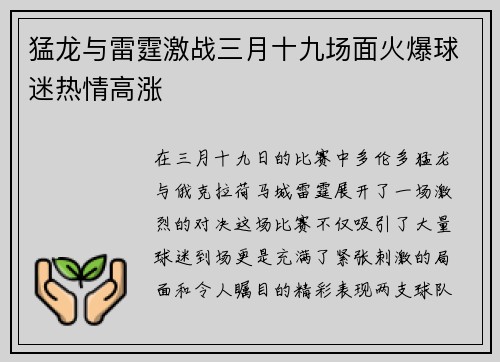 猛龙与雷霆激战三月十九场面火爆球迷热情高涨