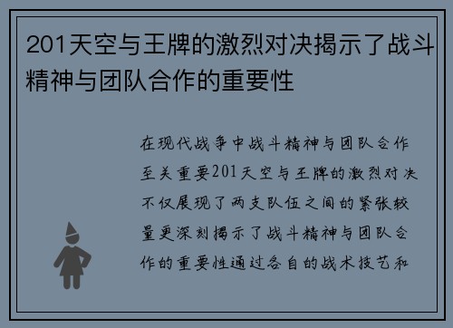 201天空与王牌的激烈对决揭示了战斗精神与团队合作的重要性