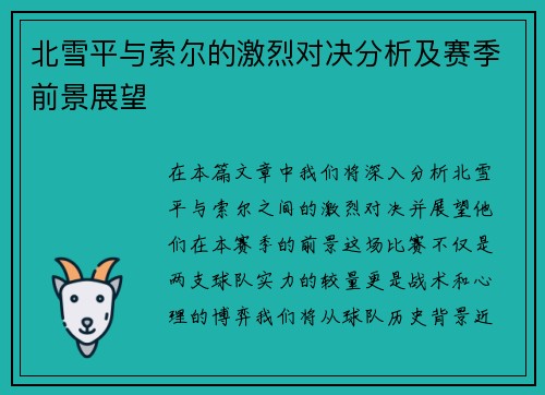 北雪平与索尔的激烈对决分析及赛季前景展望