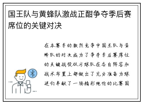 国王队与黄蜂队激战正酣争夺季后赛席位的关键对决