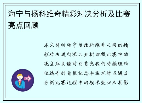 海宁与扬科维奇精彩对决分析及比赛亮点回顾
