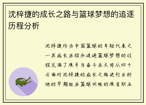 沈梓捷的成长之路与篮球梦想的追逐历程分析