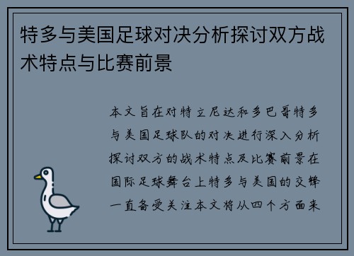 特多与美国足球对决分析探讨双方战术特点与比赛前景