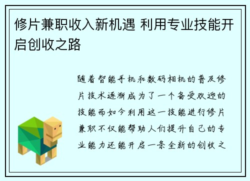 修片兼职收入新机遇 利用专业技能开启创收之路