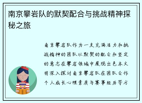 南京攀岩队的默契配合与挑战精神探秘之旅
