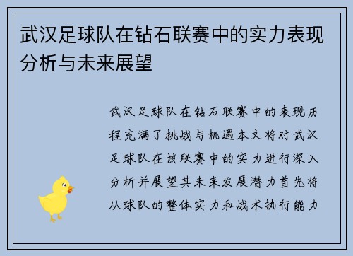 武汉足球队在钻石联赛中的实力表现分析与未来展望