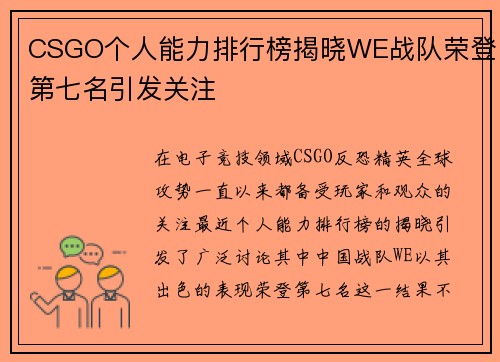 CSGO个人能力排行榜揭晓WE战队荣登第七名引发关注